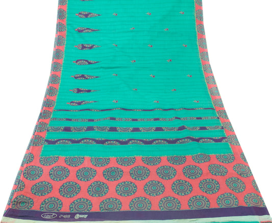 Sushila Vintage Green Saree 100% Pure Cotton Printed Floral Indian Craft Fabric