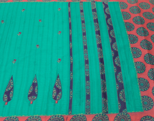 Sushila Vintage Green Saree 100% Pure Cotton Printed Floral Indian Craft Fabric