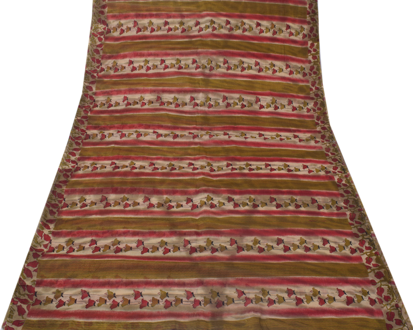 Sushila Vintage Green Indian Sari 100% Pure Cotton Printed Floral Craft Fabric