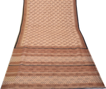 Sushila Vintage Brown Saree 100% Pure Cotton Printed Floral Craft Sheer Fabric