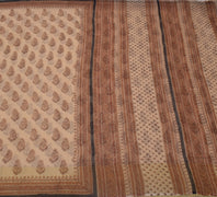Sushila Vintage Brown Saree 100% Pure Cotton Printed Floral Craft Sheer Fabric