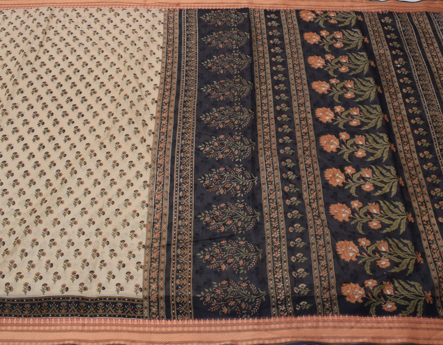 Sushila Vintage Cream Saree 100% Pure Cotton Printed Floral Soft Craft Fabric