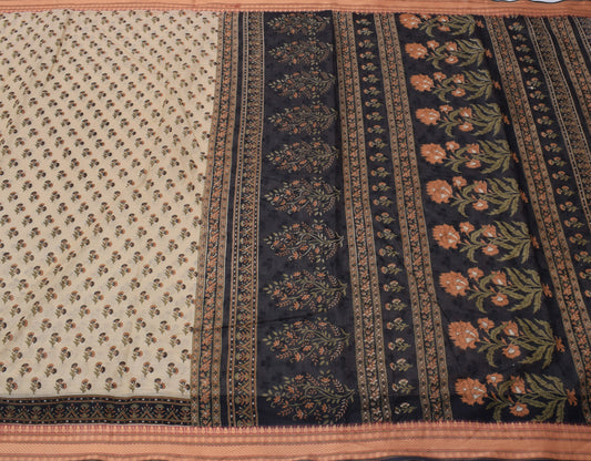 Sushila Vintage Cream Saree 100% Pure Cotton Printed Floral Soft Craft Fabric