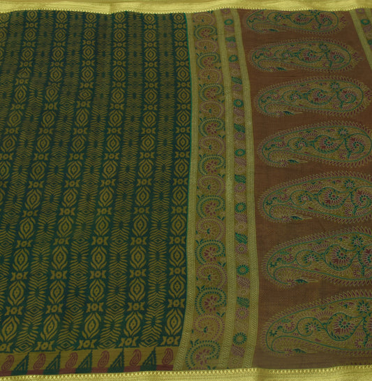 Sushila Vintage Green Saree 100% Pure Cotton Printed Floral 5 Yard Craft Fabric