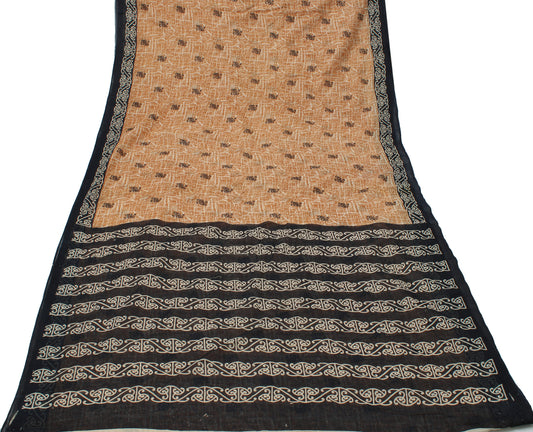 Sushila Vintage Brown Saree 100% Pure Cotton Printed Indian Soft Craft Fabric