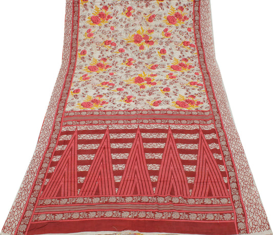 Sushila Vintage White Saree 100% Pure Cotton Printed Floral Soft Craft Fabric