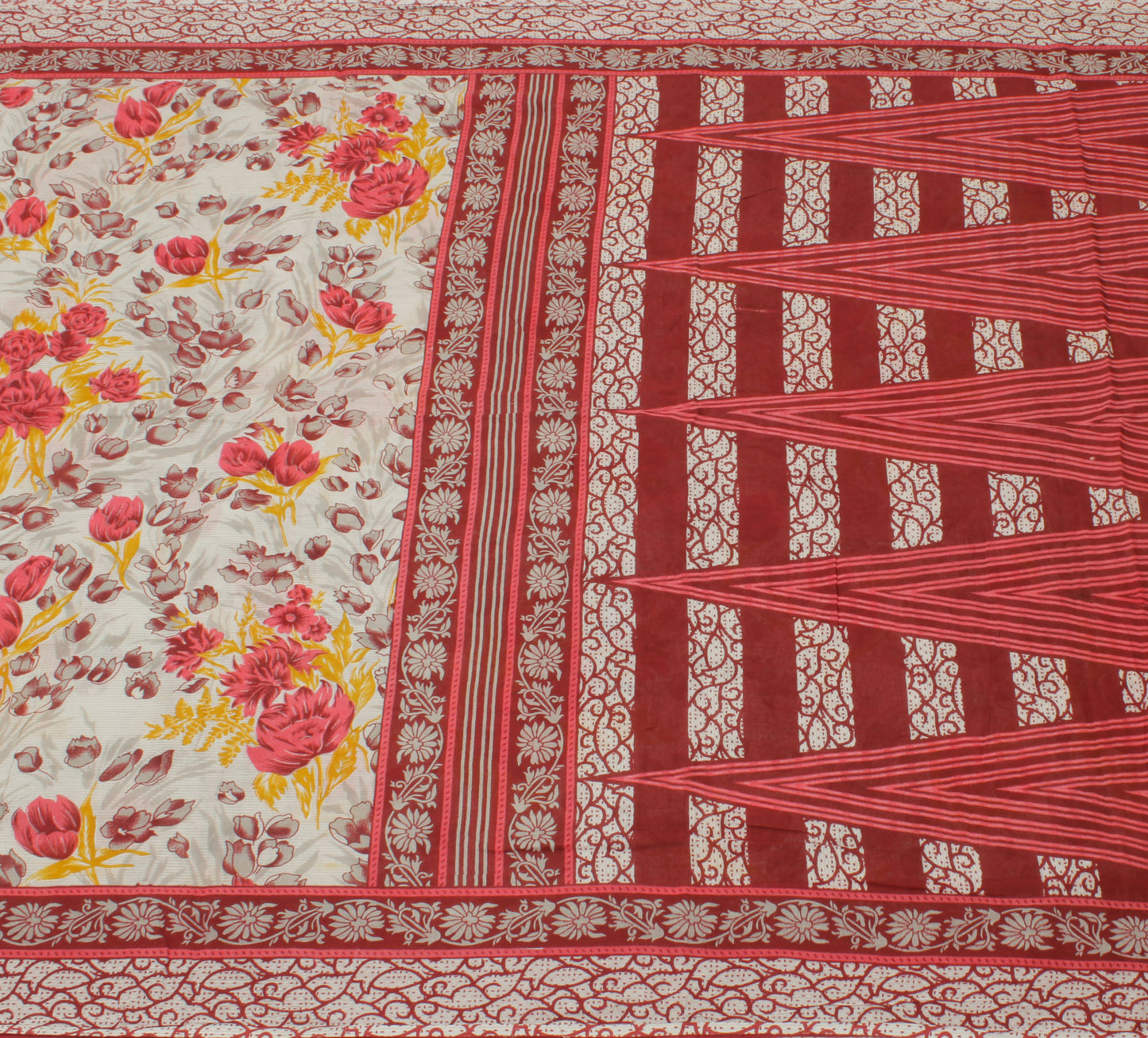Sushila Vintage White Saree 100% Pure Cotton Printed Floral Soft Craft Fabric
