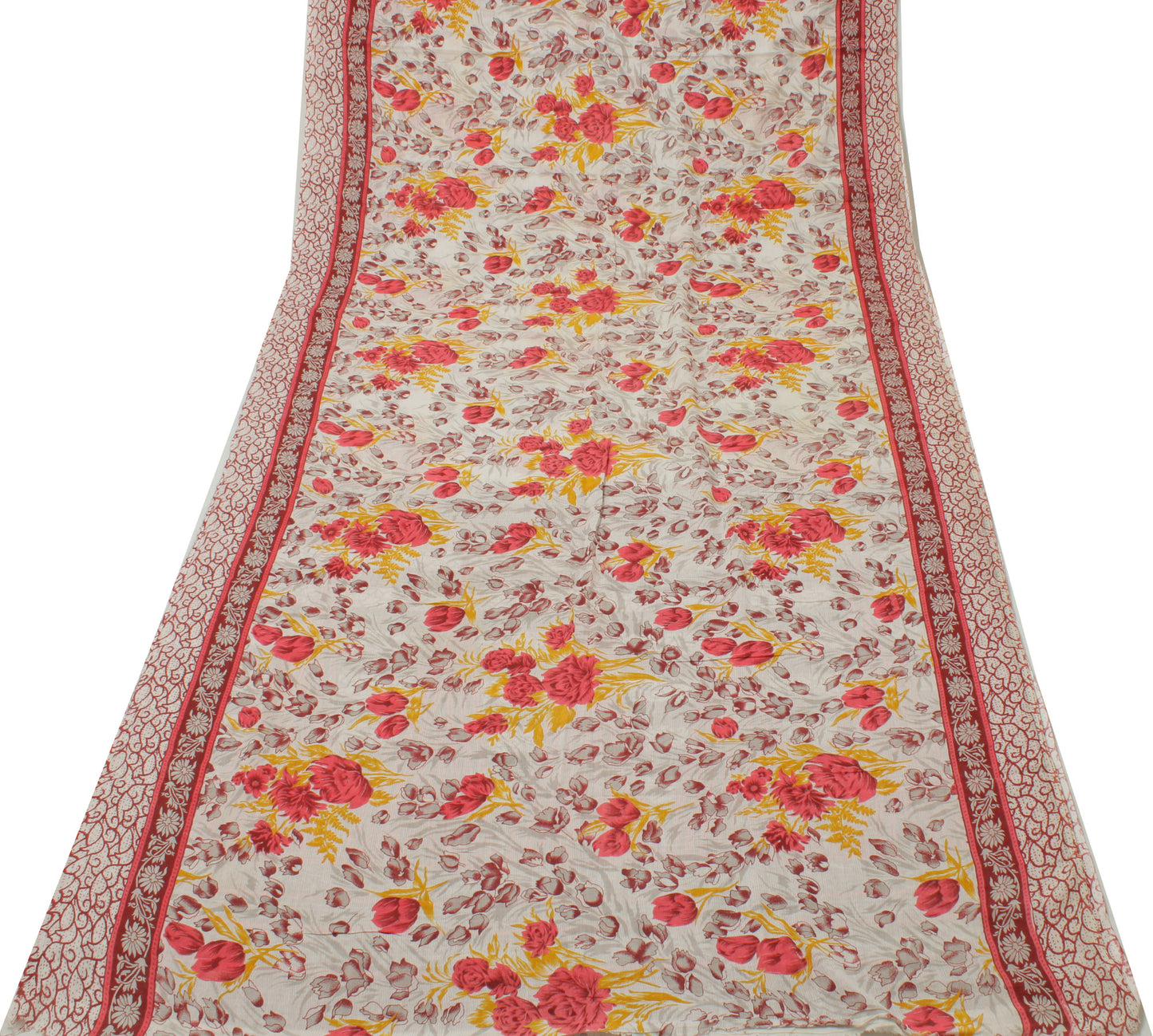 Sushila Vintage White Saree 100% Pure Cotton Printed Floral Soft Craft Fabric