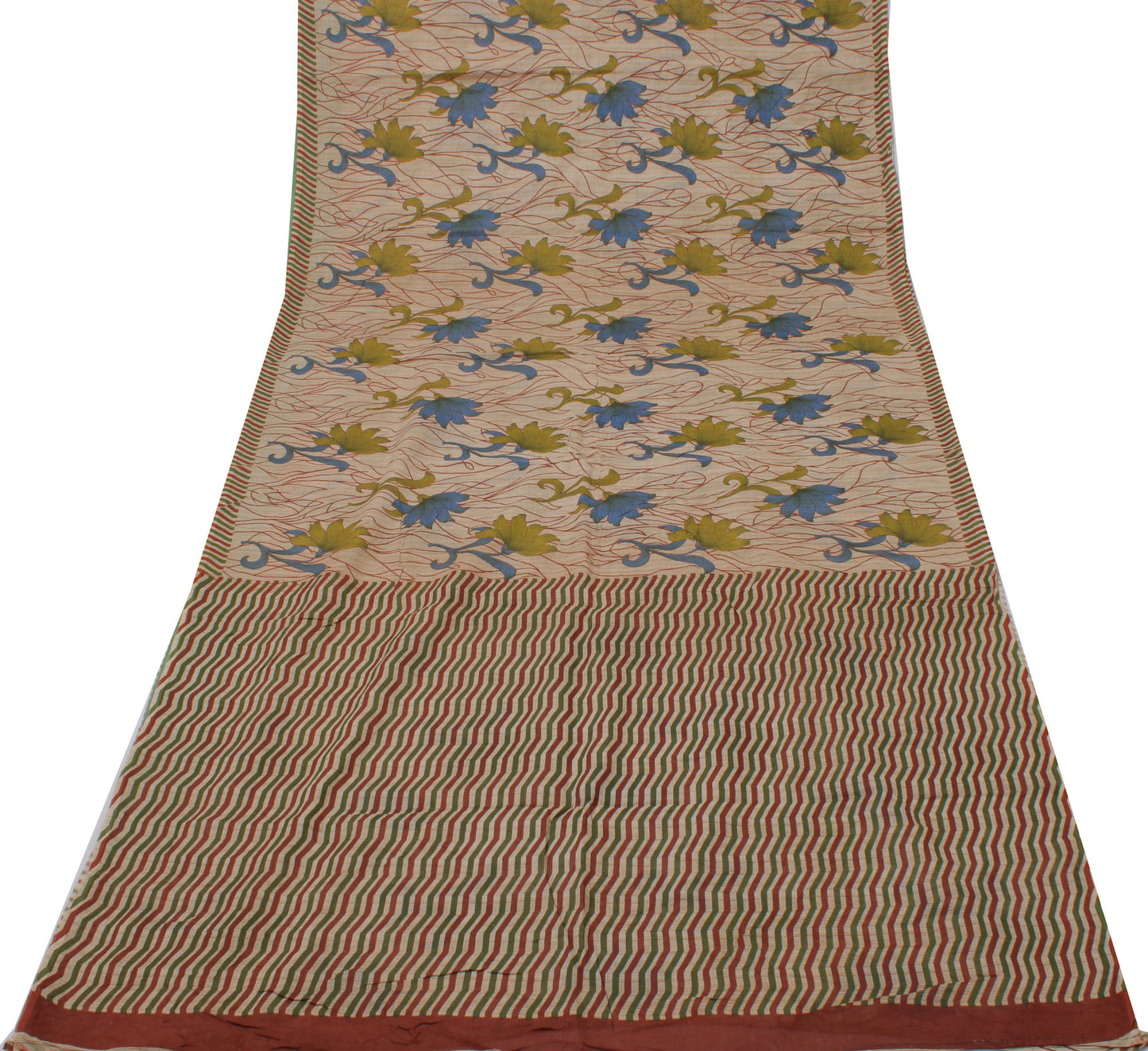 Sushila Vintage Cream Saree 100% Pure Cotton Printed Floral Craft 5 Yard Fabric
