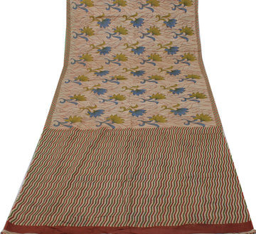 Sushila Vintage Cream Saree 100% Pure Cotton Printed Floral Craft 5 Yard Fabric