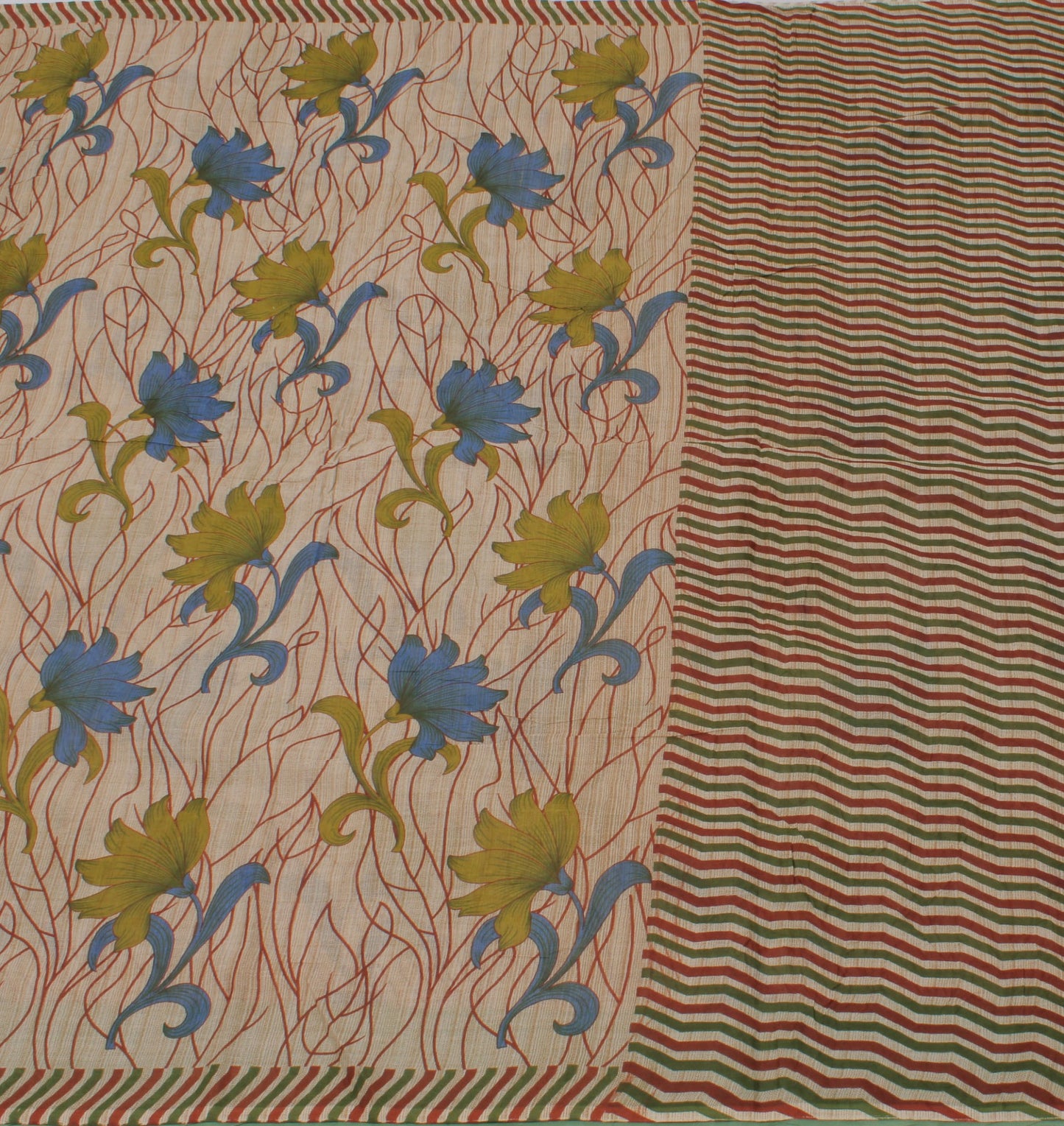 Sushila Vintage Cream Saree 100% Pure Cotton Printed Floral Craft 5 Yard Fabric