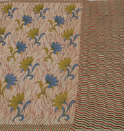 Sushila Vintage Cream Saree 100% Pure Cotton Printed Floral Craft 5 Yard Fabric