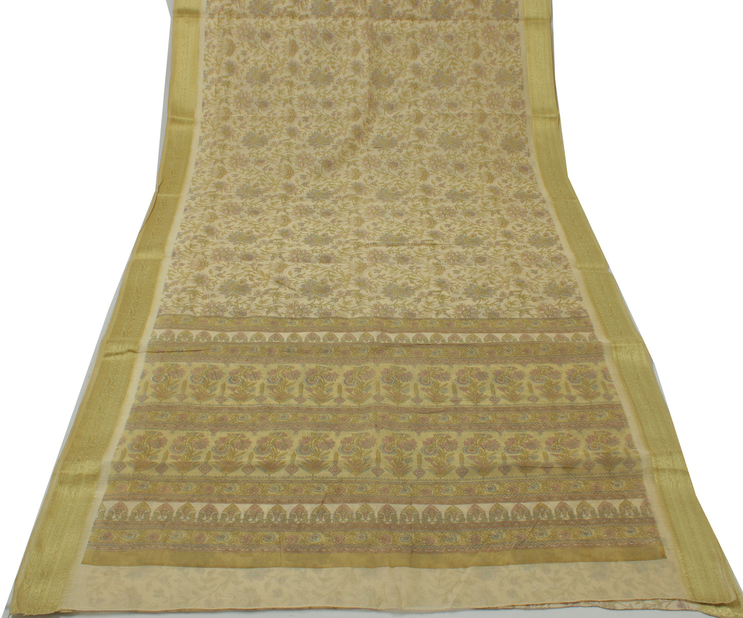 Sushila Vintage Green Saree Indian Blend Cotton Printed Floral 5 YD Craft Fabric