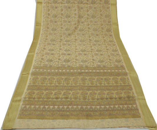 Sushila Vintage Green Saree Indian Blend Cotton Printed Floral 5 YD Craft Fabric