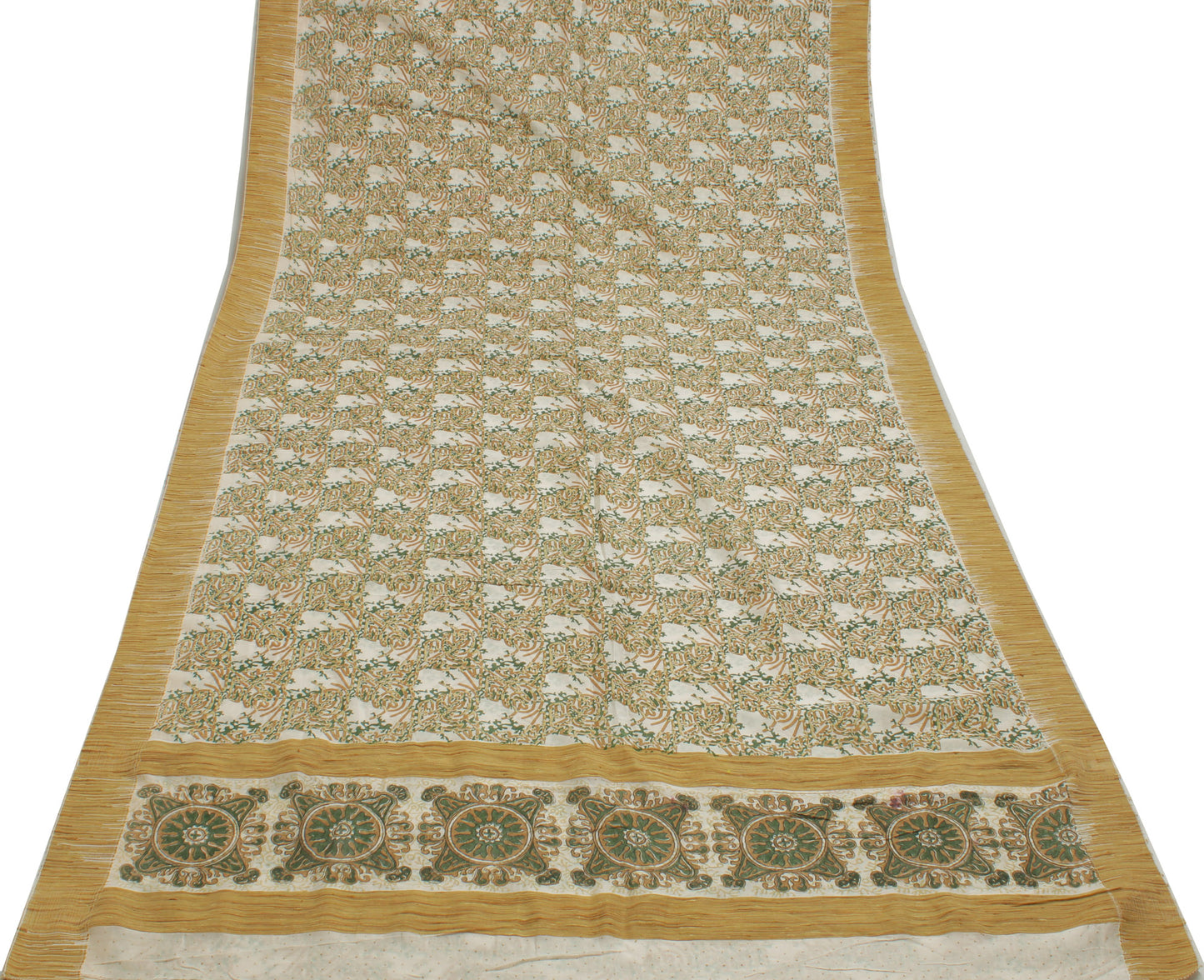 Sushila Vintage White Saree 100% Pure Cotton Printed Floral Soft Craft Fabric