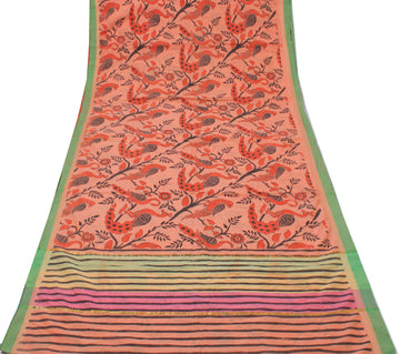 Sushila Vintage Peach Saree 100% Pure Cotton Printed Peacock 5 Yard Craft Fabric