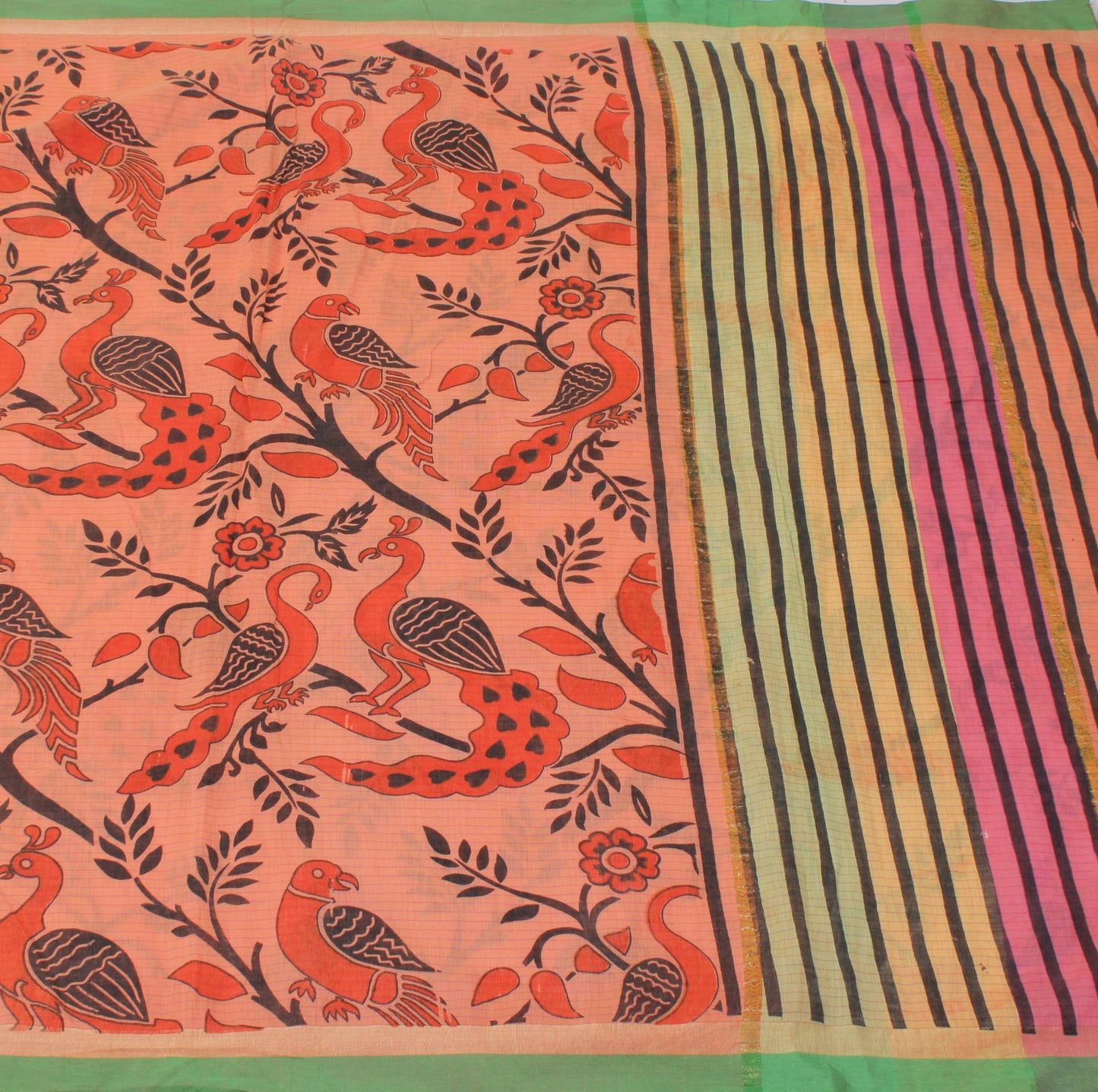 Sushila Vintage Peach Saree 100% Pure Cotton Printed Peacock 5 Yard Craft Fabric