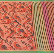 Sushila Vintage Peach Saree 100% Pure Cotton Printed Peacock 5 Yard Craft Fabric