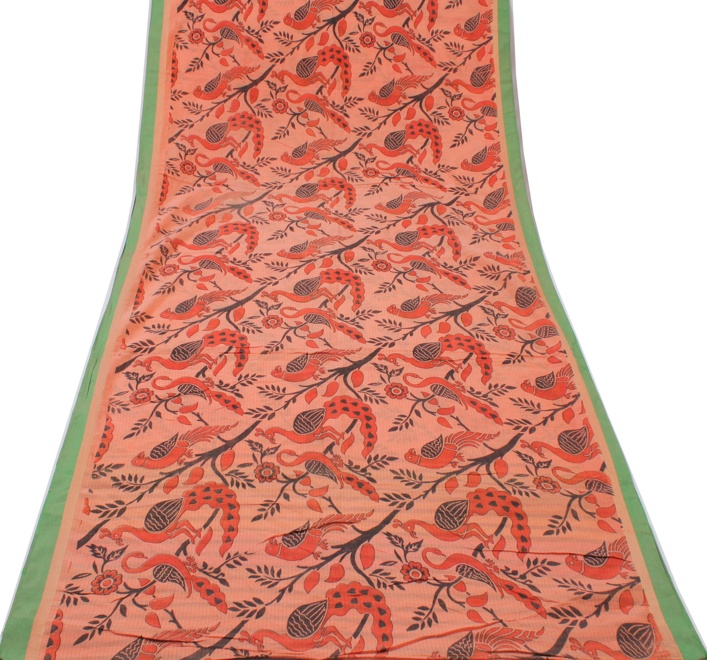 Sushila Vintage Peach Saree 100% Pure Cotton Printed Peacock 5 Yard Craft Fabric