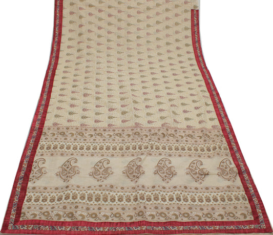 Sushila Vintage Cream Saree Blend Cotton Printed Floral Soft Craft Sheer Fabric
