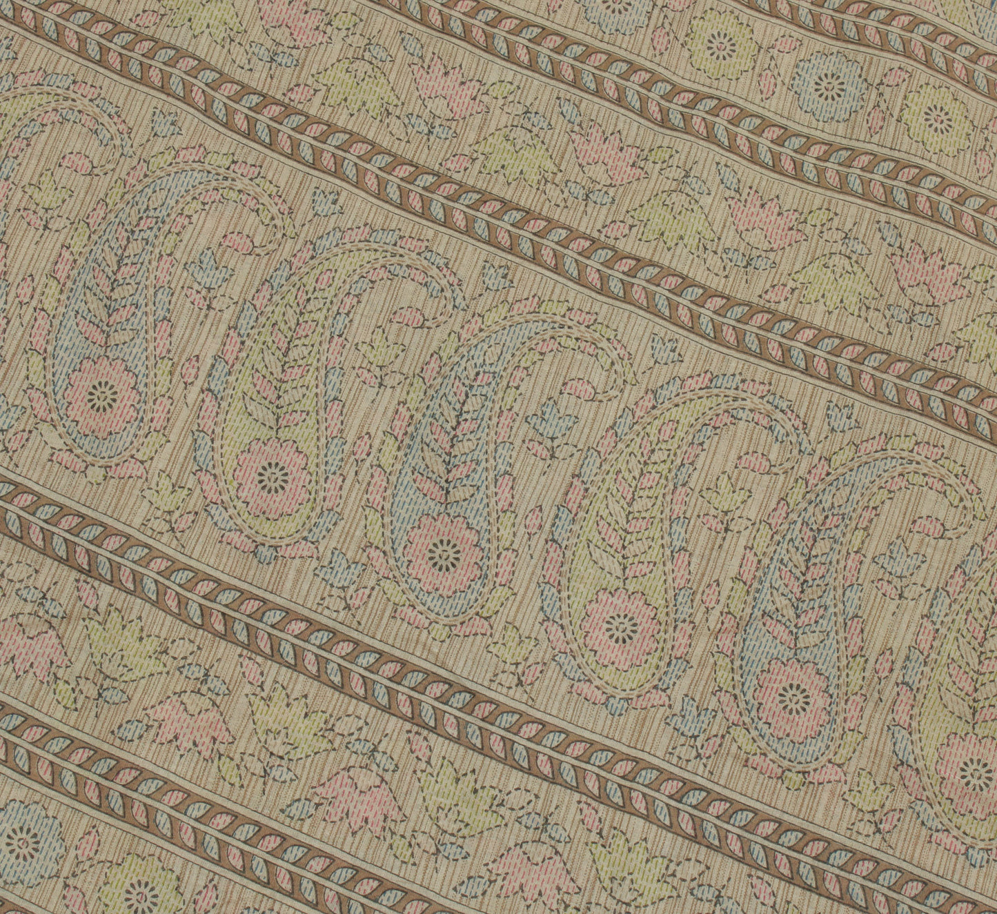 Sushila Vintage Cream Saree 100% Pure Cotton Printed Paisley Soft Craft Fabric