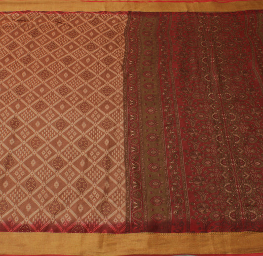 Sushila Vintage Brown Indian Saree 100% Pure Cotton Printed 5 Yard Craft Fabric