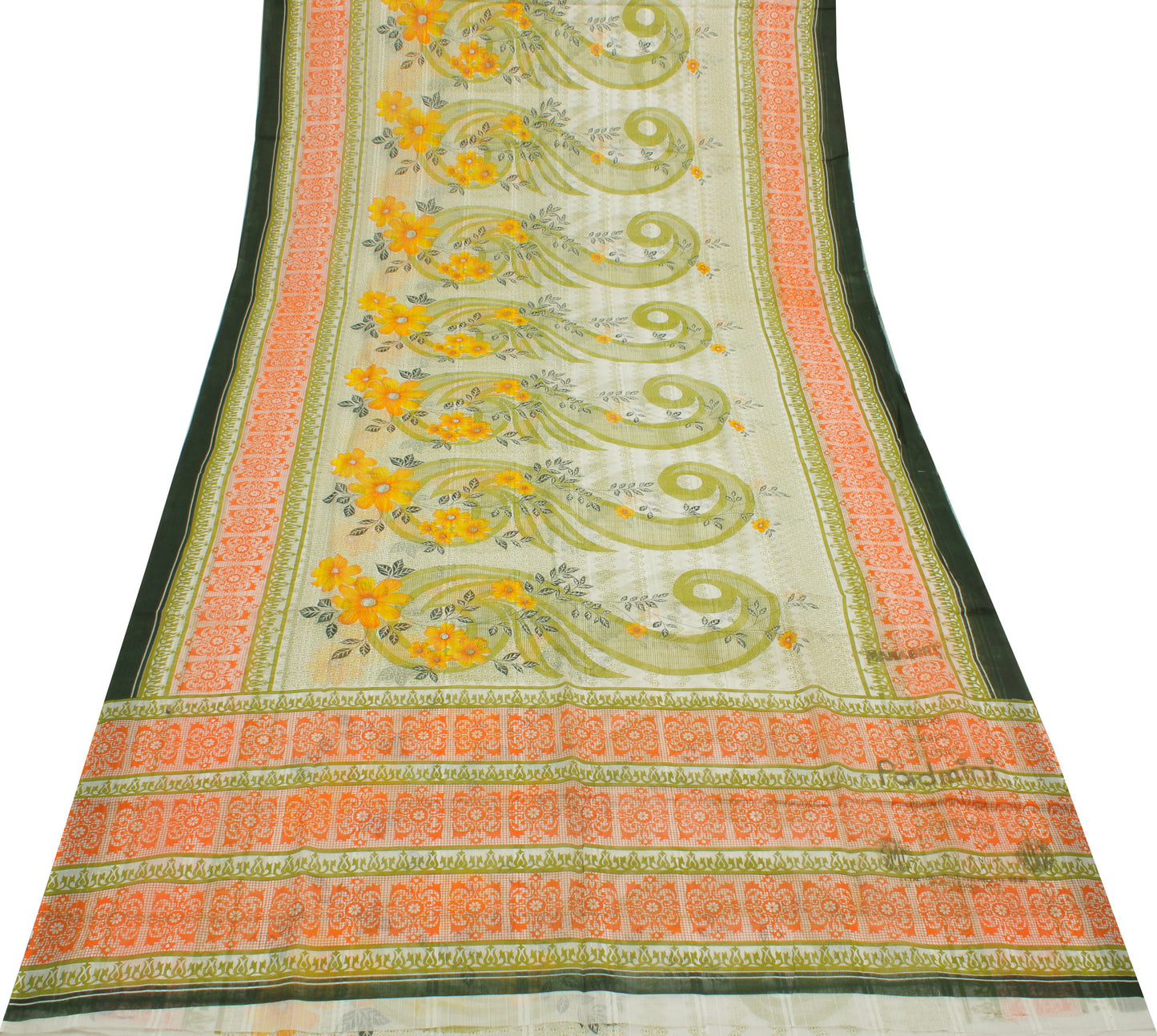 Sushila Vintage White Saree 100% Pure Cotton Printed Floral 5 Yard Craft Fabric