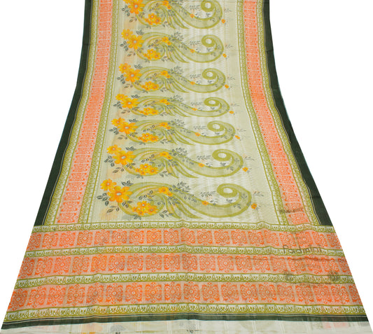 Sushila Vintage White Saree 100% Pure Cotton Printed Floral 5 Yard Craft Fabric
