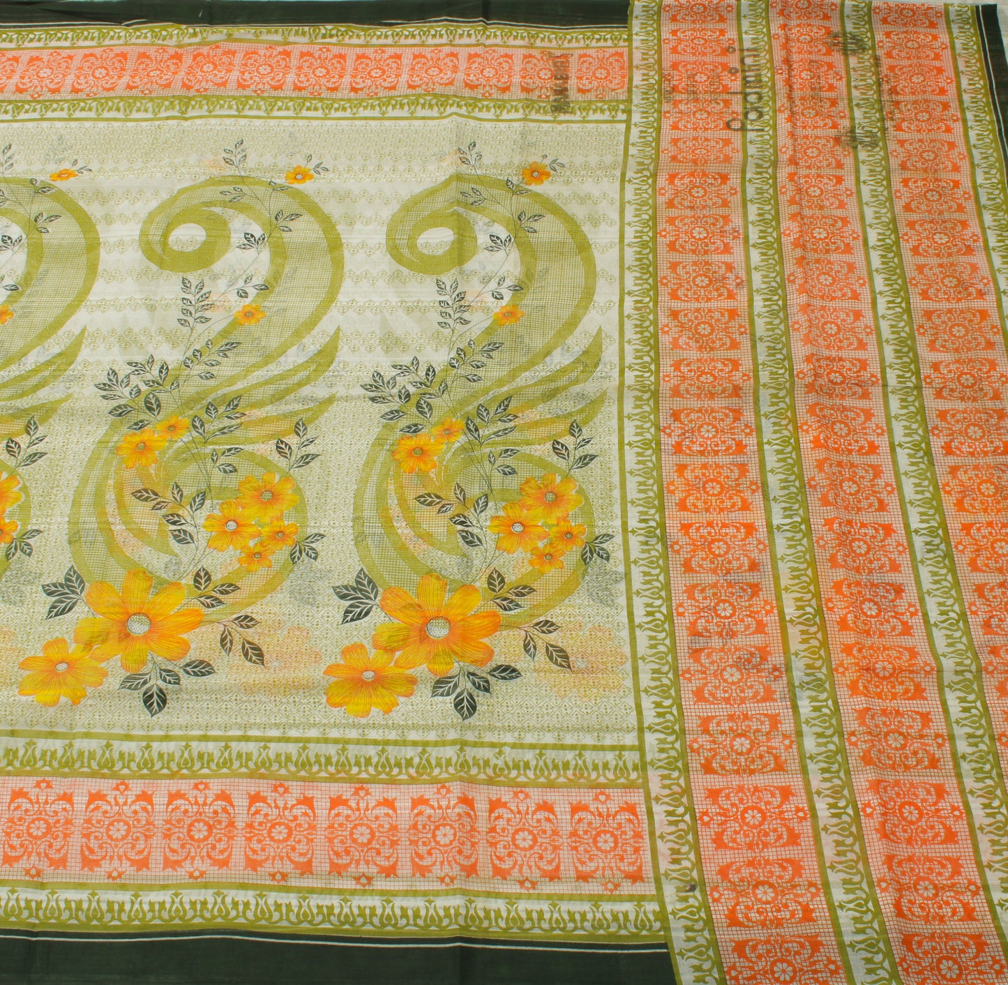 Sushila Vintage White Saree 100% Pure Cotton Printed Floral 5 Yard Craft Fabric