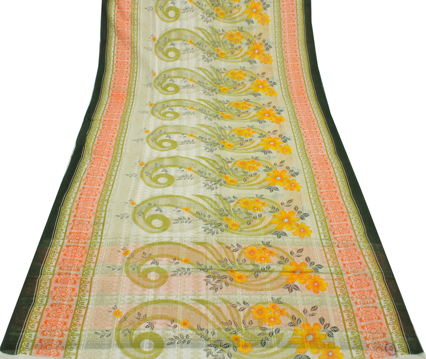 Sushila Vintage White Saree 100% Pure Cotton Printed Floral 5 Yard Craft Fabric
