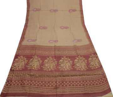 Sushila Vintage Cream Saree 100% Pure Cotton Printed Floral 5 Yard Craft Fabric