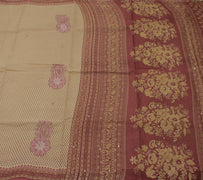Sushila Vintage Cream Saree 100% Pure Cotton Printed Floral 5 Yard Craft Fabric