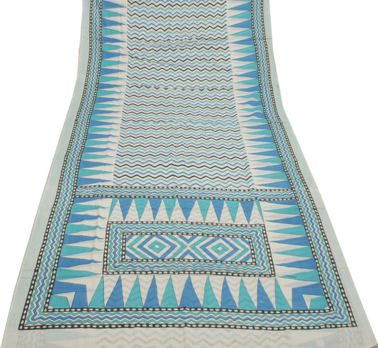 Sushila Vintage White Sari 100% Pure Cotton Printed Leheria Soft Craft Fabric