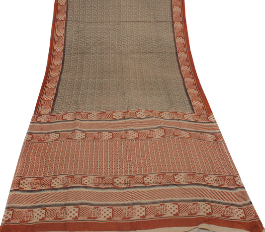 Sushila Vintage Brown Saree 100% Pure Cotton Printed Floral Soft Craft Fabric