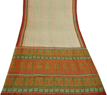 Sushila Vintage Cream Saree 100% Pure Cotton Printed Indian Sari Craft Fabric