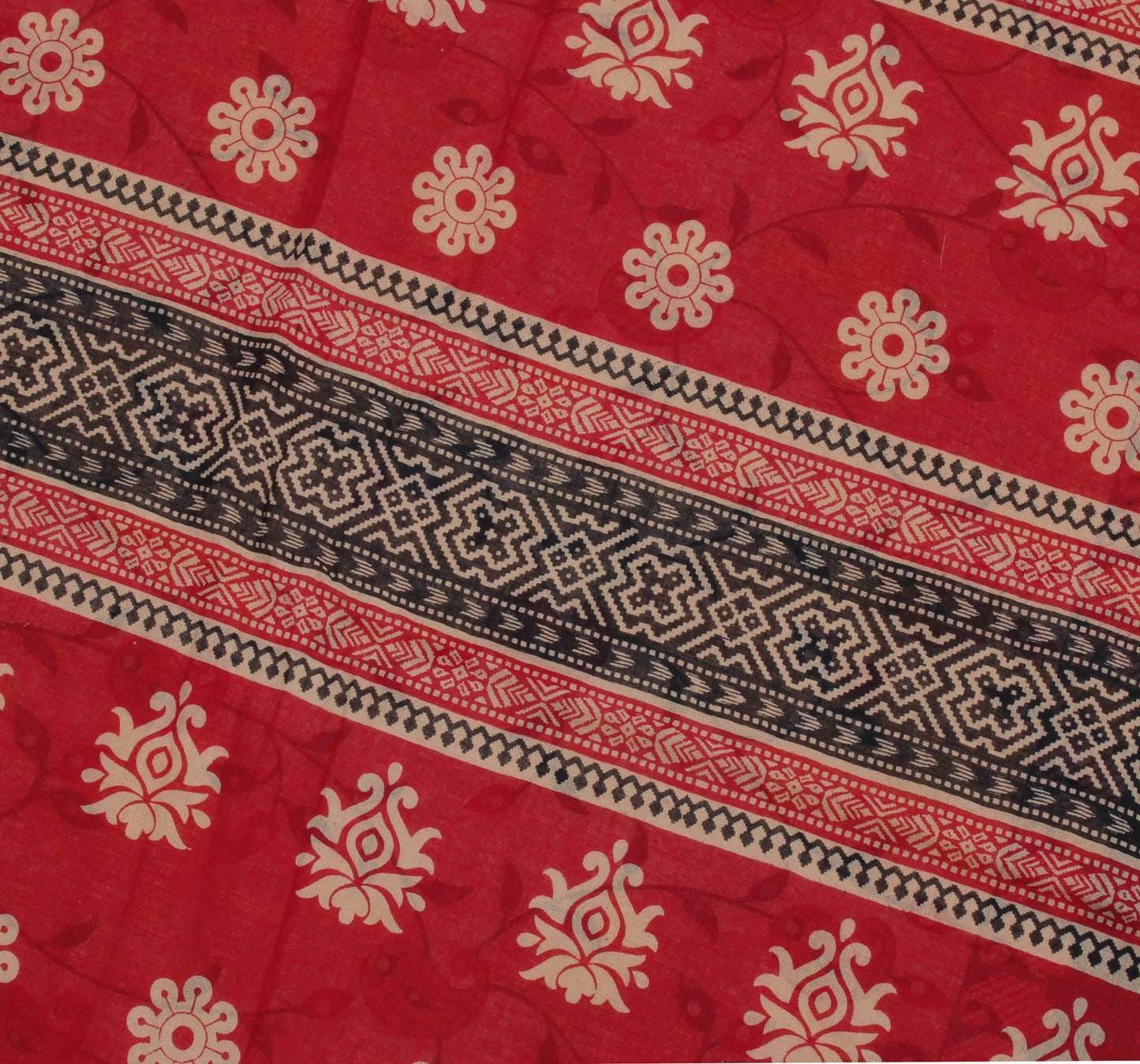 Sushila Vintage Cream Saree 100% Pure Cotton Printed Paisley Soft Craft Fabric