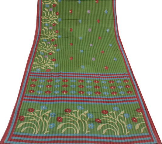 Sushila Vintage Green Saree 100% Pure Cotton Printed Floral Soft Craft Fabric