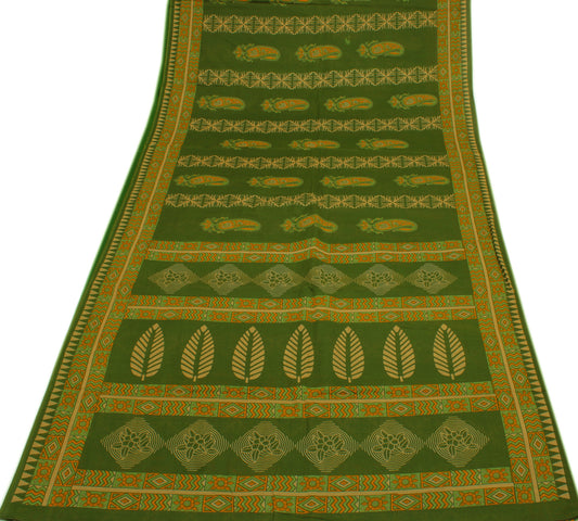 Sushila Vintage Green Indian Saree 100% Pure Cotton Printed Floral Craft Fabric