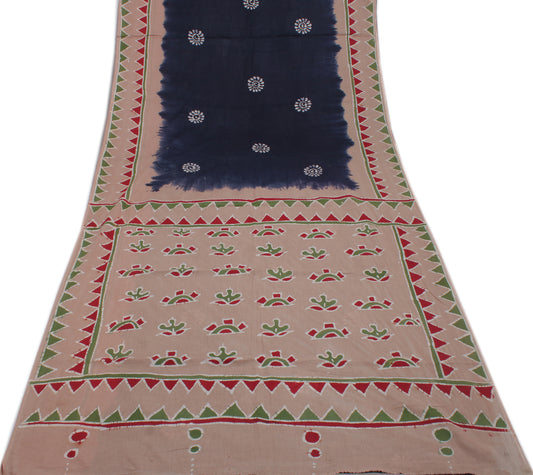 Sushila Vintage Blue Saree 100% Pure Cotton Batik Printed Soft Sari Craft Fabric