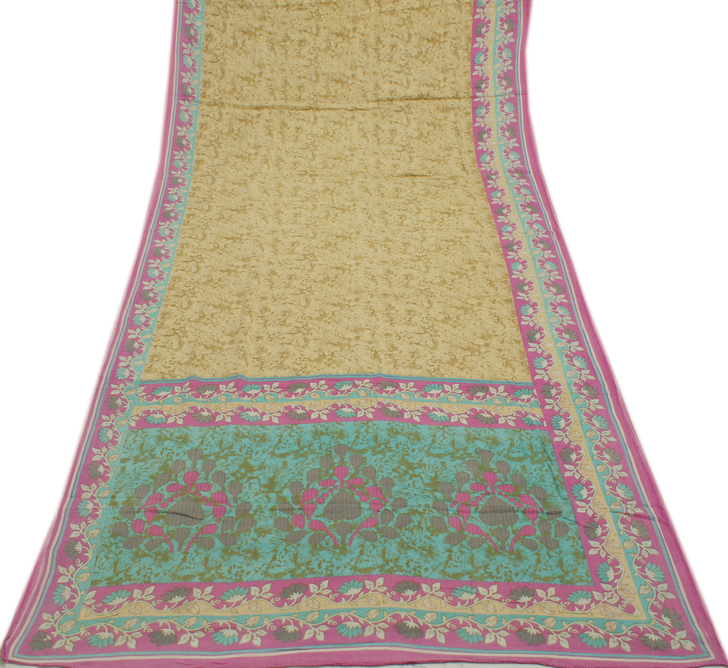 Sushila Vintage Cream Saree 100% Pure Cotton Printed Floral Soft Craft Fabric