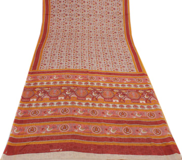 Sushila Vintage Cream Indian Saree 100% Pure Cotton Printed Soft Craft Fabric