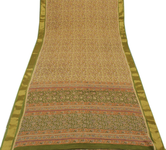 Sushila Vintage Cream Saree 100% Pure Cotton Printed Floral Soft Craft Fabric