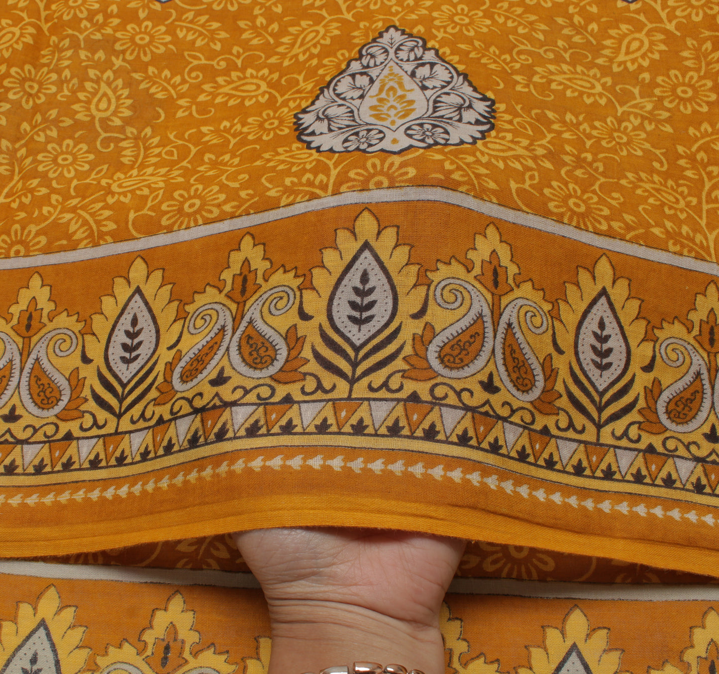 Sushila Vintage Mustard Saree 100% Pure Cotton Printed Floral Soft Craft Fabric