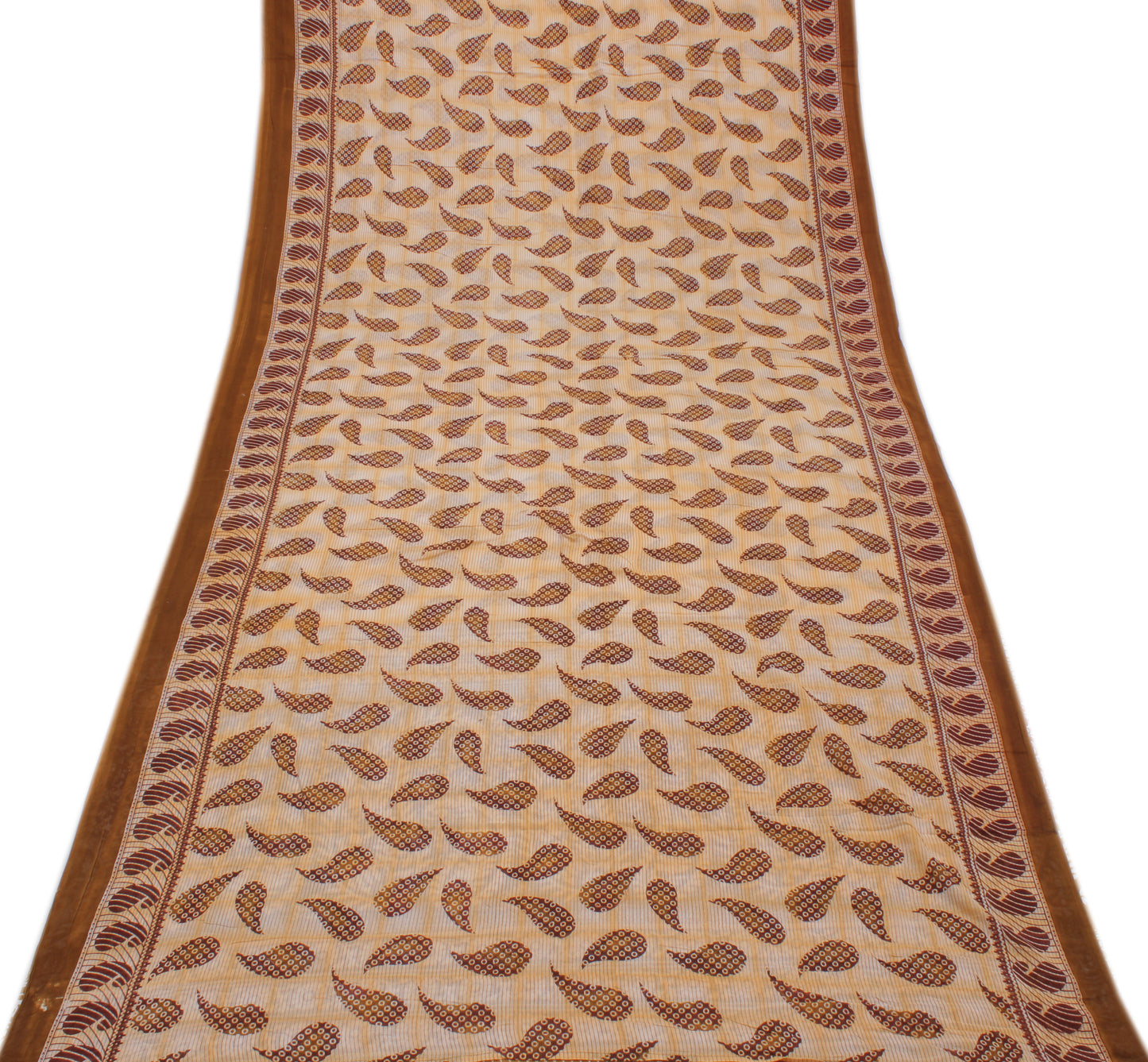 Sushila Vintage Cream Saree 100% Pure Cotton Printed Paisley Soft Craft Fabric