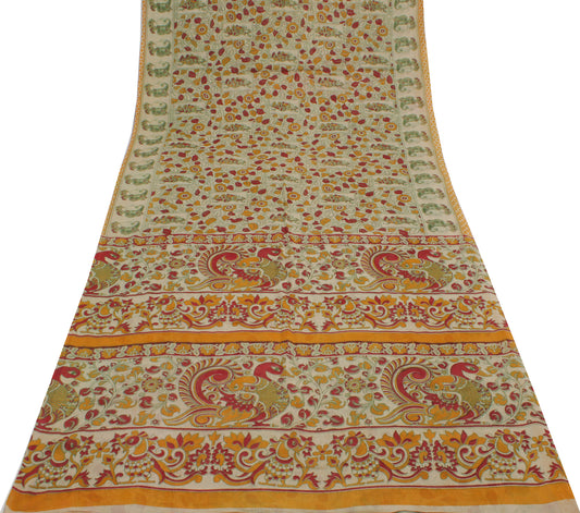 Sushila Vintage Cream Saree 100% Pure Cotton Kalamkari Printed  Craft Fabric
