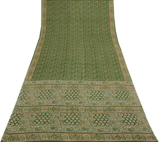 Sushila Vintage Green Saree 100% Pure Cotton Printed Abstract Soft Craft Fabric
