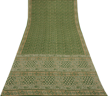 Sushila Vintage Green Saree 100% Pure Cotton Printed Abstract Soft Craft Fabric