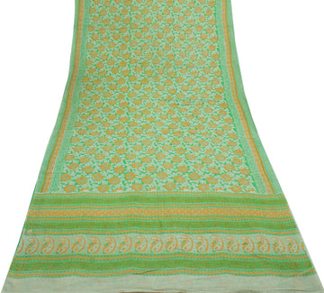 Sushila Vintage Green Saree 100% Pure Cotton Printed Floral Soft Craft Fabric