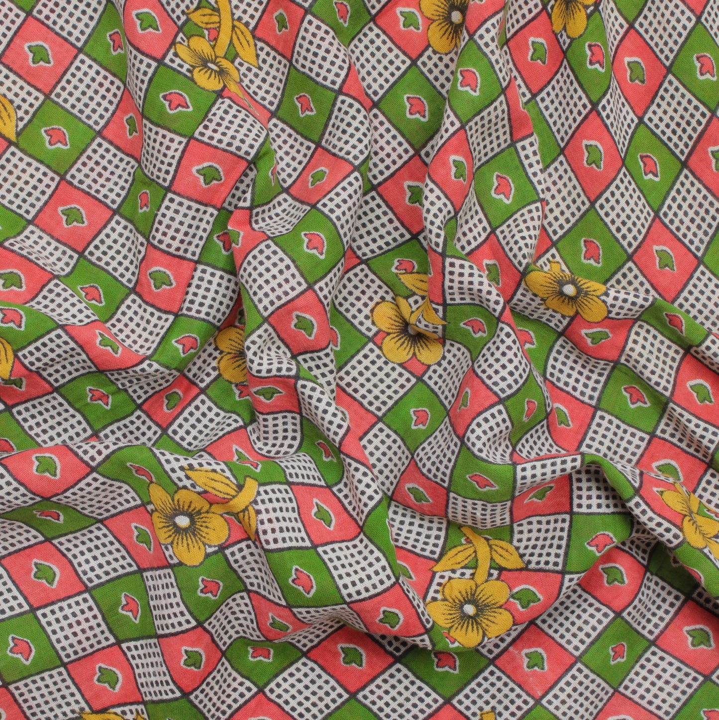 Sushila Vintage Green Saree 100% Pure Cotton Printed Check Soft Craft Fabric