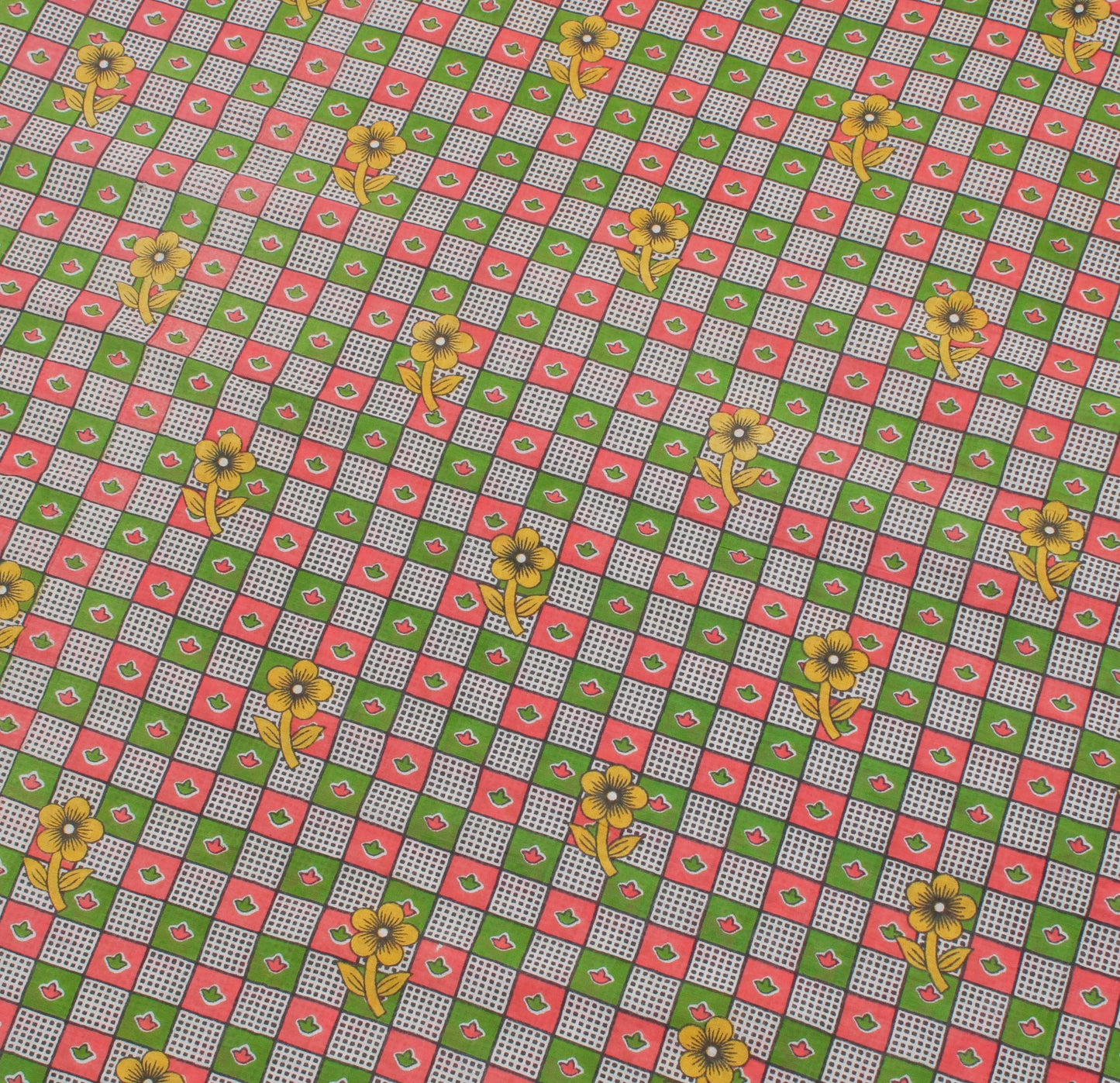 Sushila Vintage Green Saree 100% Pure Cotton Printed Check Soft Craft Fabric